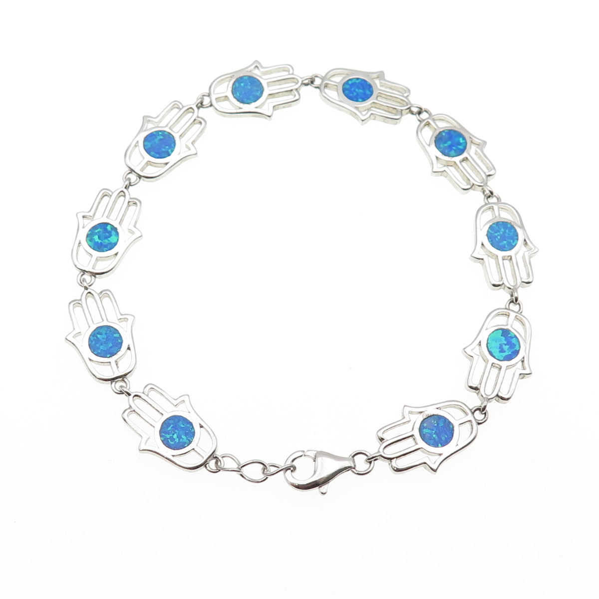 925 Sterling Silver Real Opal Hamsa Amulet Link Bracelet 8"