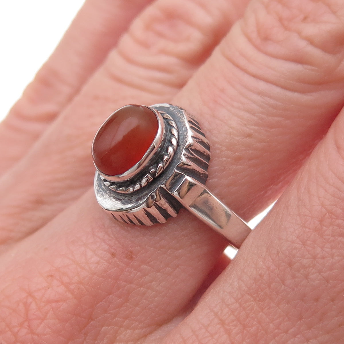 925 Sterling Silver Vintage Real Carnelian Modernist Oxidized Ring Size 7.5
