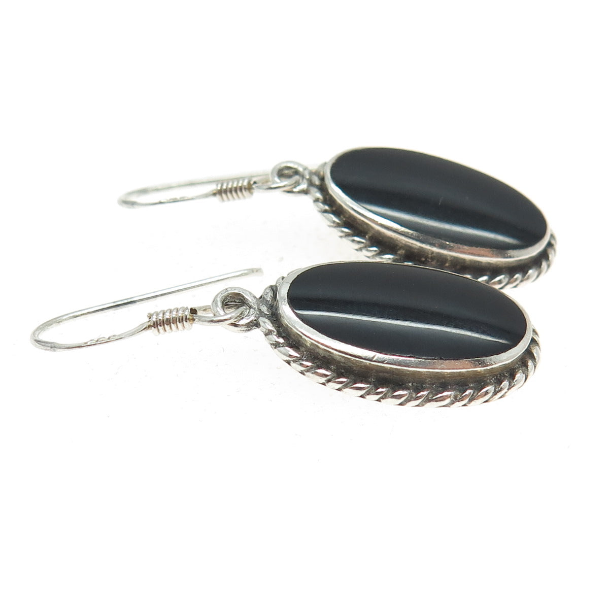 925 Sterling Silver Vintage Real Black Onyx Roped Dangling Earrings