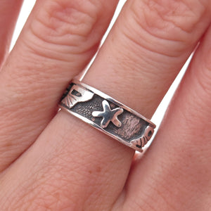 925 Sterling Silver Vintage Sea Life Oxidized Band Ring Size 6.75