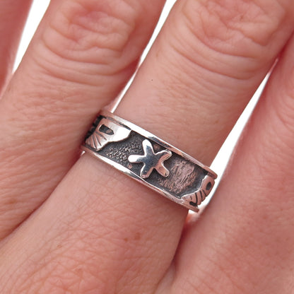 925 Sterling Silver Vintage Sea Life Oxidized Band Ring Size 6.75