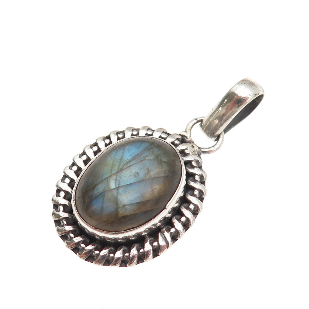 925 Sterling Silver Vintage Real Labradorite Modernist Oxidized Charm Pendant