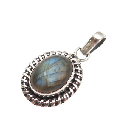 925 Sterling Silver Vintage Real Labradorite Modernist Oxidized Charm Pendant