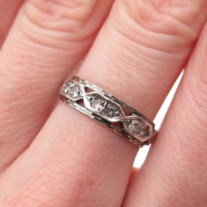 925 Sterling Silver 9K Gold Vintage SGW Rhinestone Oxidized Band Ring Size 6.5