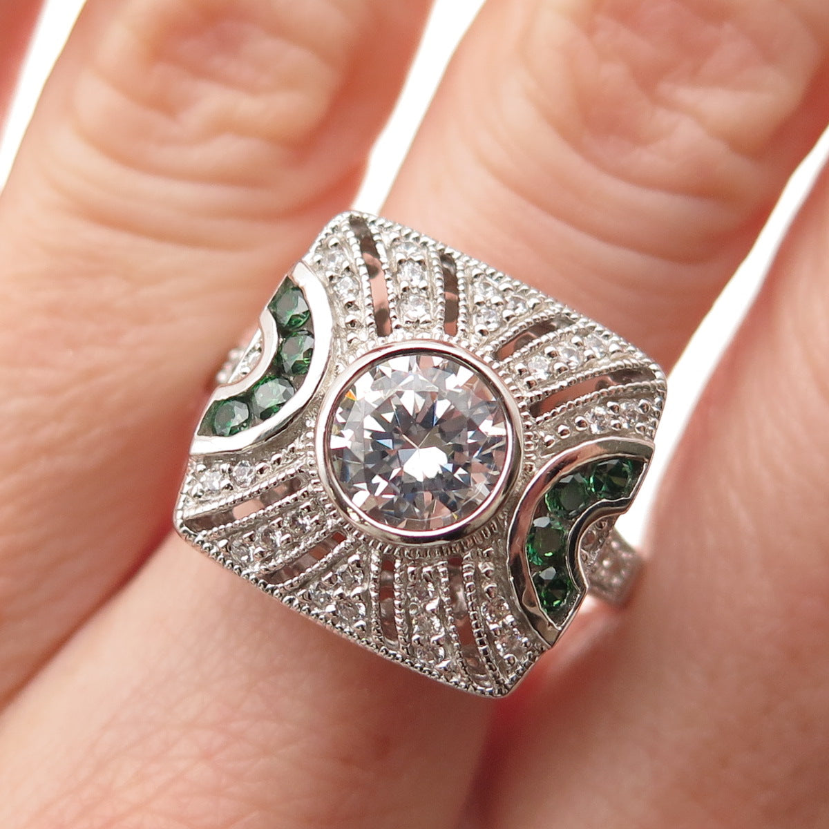 ESPO Joseph Esposito 925 Sterling Silver White & Green C Z Bohemian Ring Size 10
