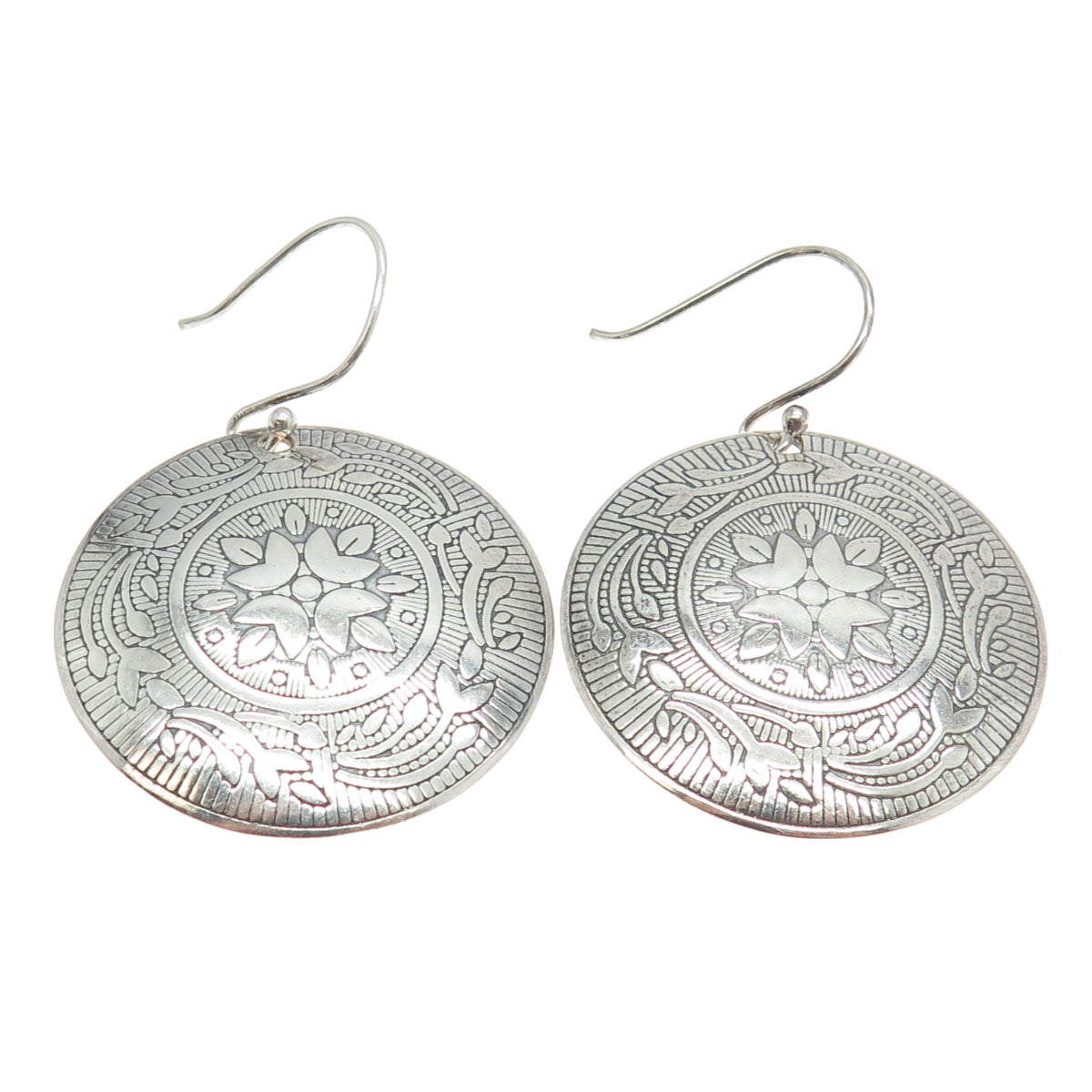 CHATEAU D'ARGENT 925 Sterling Silver Vintage Floral Round Disc Earrings