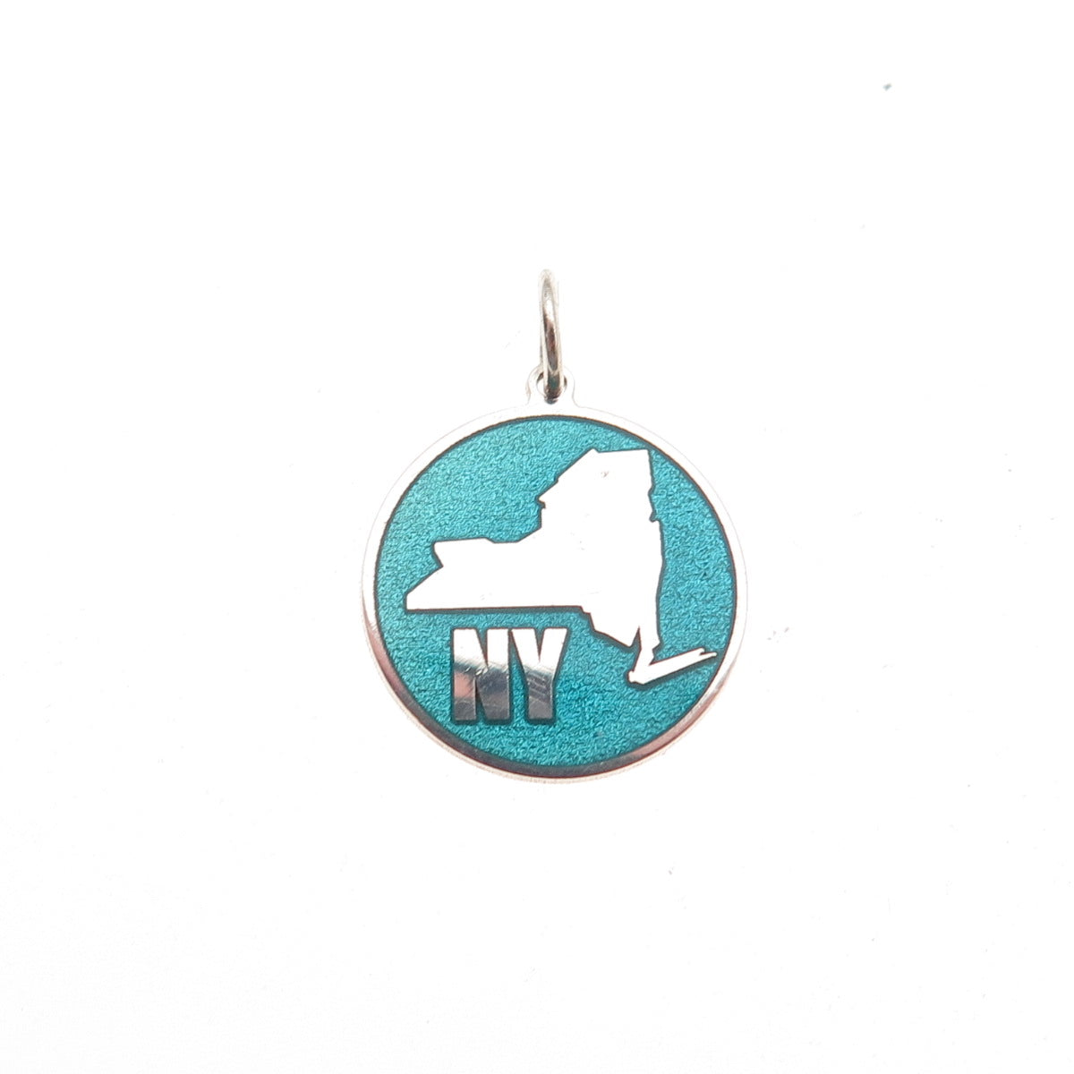 925 Sterling Silver Turquoise Enamel NY State Map Round Tag Mini Charm Pendant