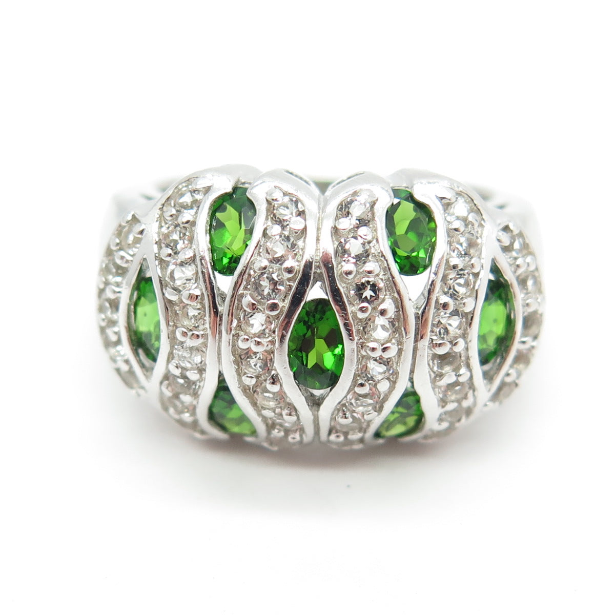 925 Sterling Silver Real White Topaz & Peridot Gemstone Ring Size 6.75