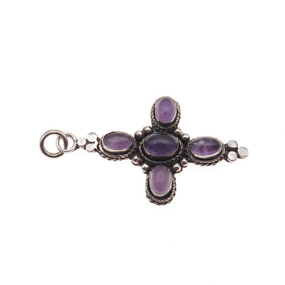 925 Sterling Silver Vintage Real Amethyst Cross Oxidized Charm Pendant