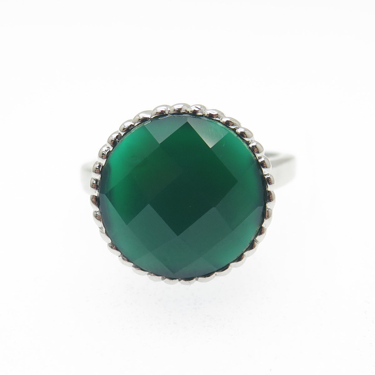 925 Sterling Silver Real Checkered Green Onyx Gem Ribbed Dome Ring Size 7