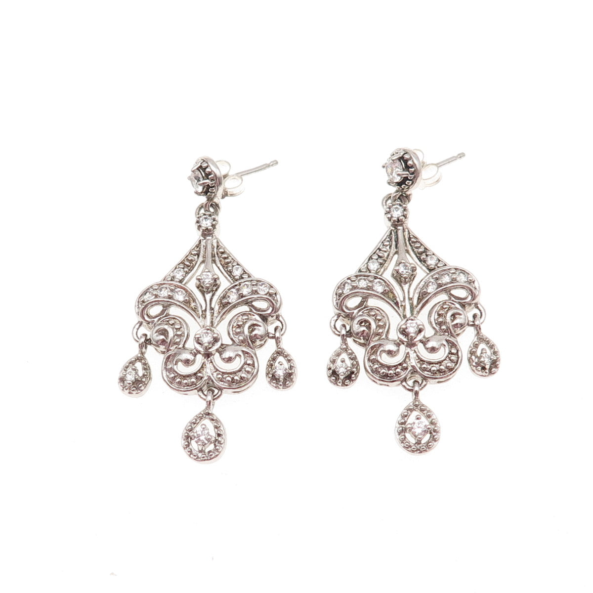 925 Sterling Silver Round-Cut C Z Fleur de Lis Dangle Earrings