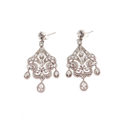 925 Sterling Silver Round-Cut C Z Fleur de Lis Dangle Earrings