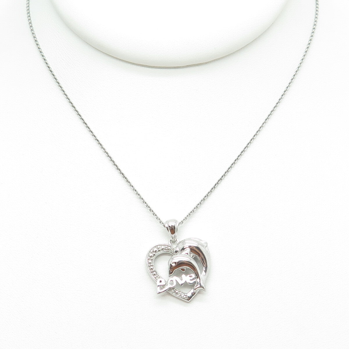 925 Sterling Silver Round-Cut C Z Love Dolphin Heart Cable Chain Necklace 16"