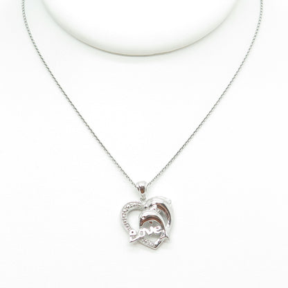 925 Sterling Silver Round-Cut C Z Love Dolphin Heart Cable Chain Necklace 16"
