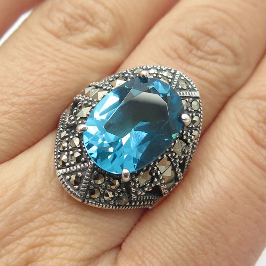 925 Sterling Silver Vintage Blue Glass & Marcasite Gemstone Ring Size 8.75