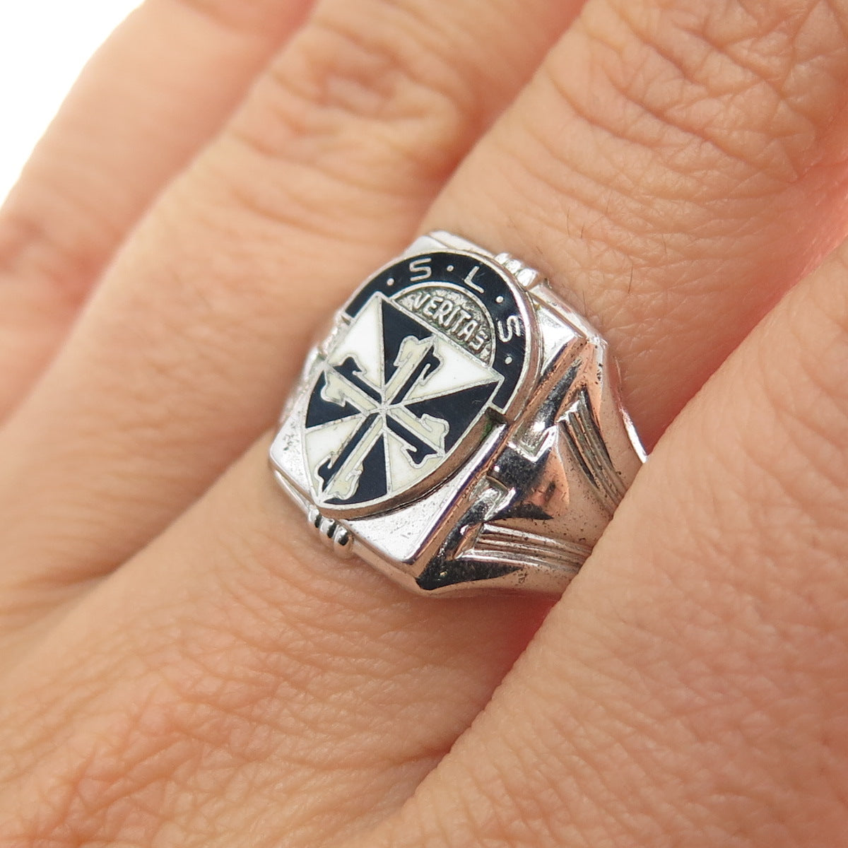 SK & F 925 Sterling Silver Antique 1899 Enamel St. Luke’s School Ring Size 8.25