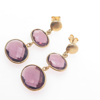 925 Sterling Silver Gold Plated Vintage Real Amethyst Modernist Dangle Earrings