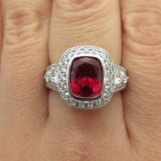 925 Sterling Silver Lab-Created Ruby & C Z Ring Size 8.25