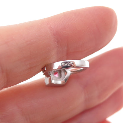 925 Sterling Silver Pink & White C Z Heart Hoop Earrings