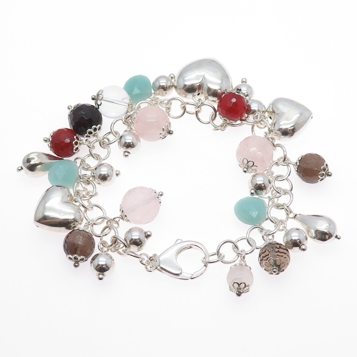 925 Sterling Silver Vintage Italy Multi-Quartz & Aquamarine Heart Bracelet 7.5"