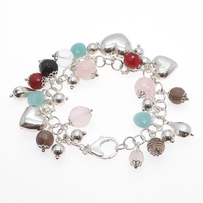 925 Sterling Silver Vintage Italy Multi-Quartz & Aquamarine Heart Bracelet 7.5"