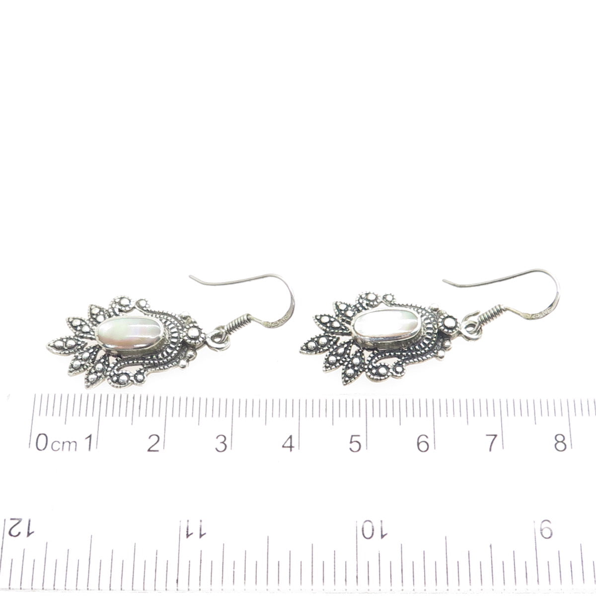 CHAPAL ZENRAY Sterling Silver Vintage Real MOP Floral Oxidized Dangle Earrings