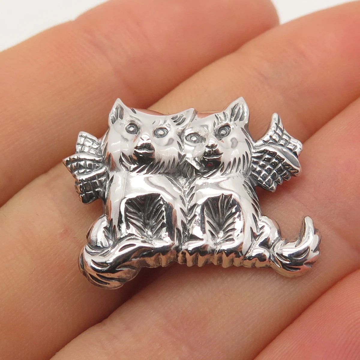 925 Sterling Silver Vintage Couple of Cats Pin Brooch