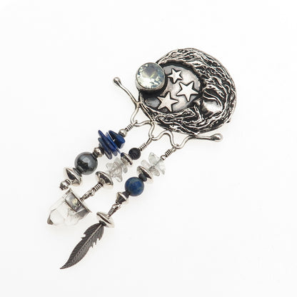 Alan Uchin Sterling Vintage Opalite Hematite Quartz & Lapis Crescent Pin Pendant