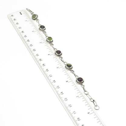 925 Sterling Silver Vintage Peridot & Tourmaline Gem Tennis Link Bracelet 7.75"