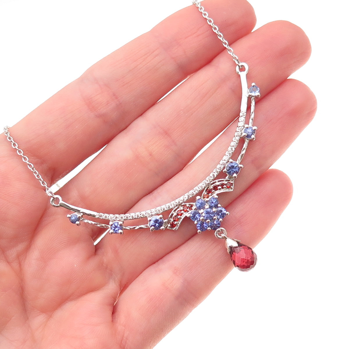 Chuck Clemency Sterling Silver Real Garnet Tanzanite & Topaz Chain Necklace 18"