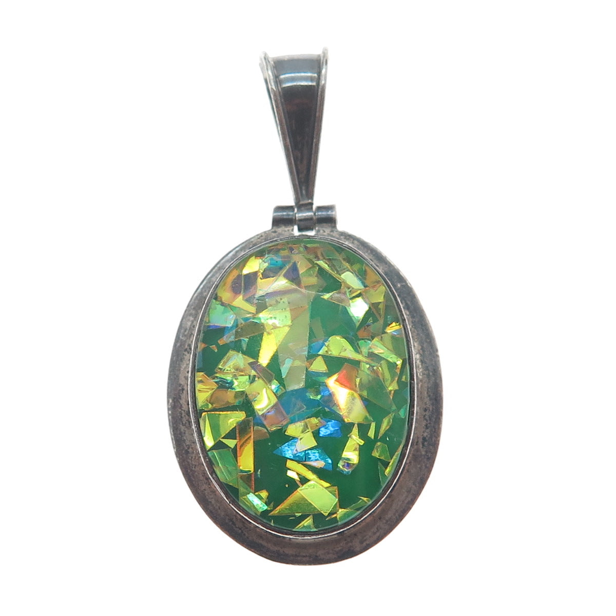 925 Sterling Silver Vintage Mexico Roman Glass Inlay Oxidized Charm Pendant