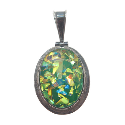 925 Sterling Silver Vintage Mexico Roman Glass Inlay Oxidized Charm Pendant