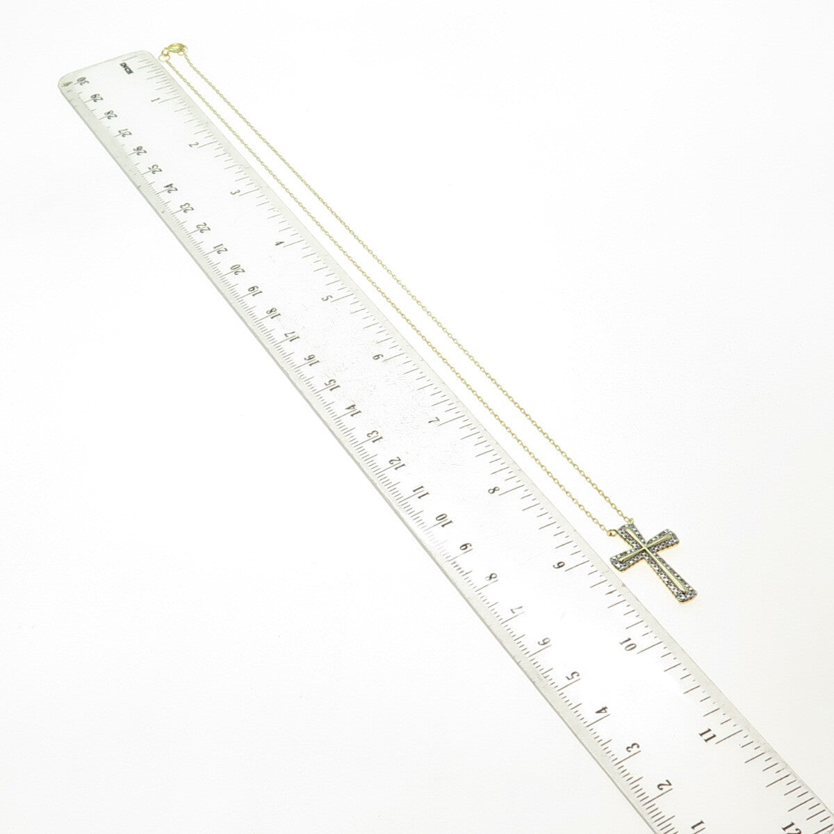 HAN 925 Sterling Silver Gold Plated Real Diamond Cross Cable Chain Necklace 18"