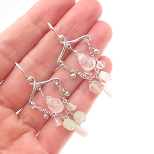 BARSE 925 Sterling Silver Vintage Real MOP Jade & Rose Quartz Dangle Earrings