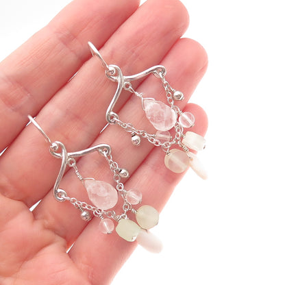 BARSE 925 Sterling Silver Vintage Real MOP Jade & Rose Quartz Dangle Earrings