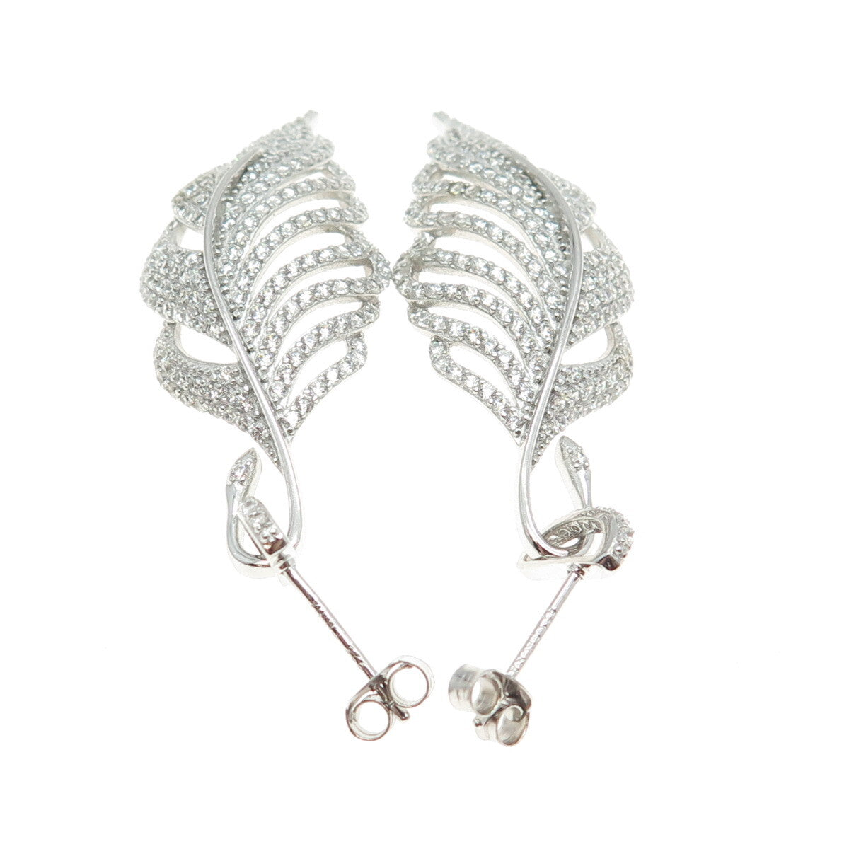 925 Sterling Silver Round-Cut C Z Feather Dangling Earrings