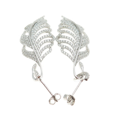 925 Sterling Silver Round-Cut C Z Feather Dangling Earrings
