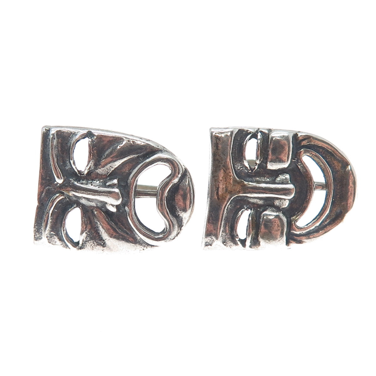 925 Sterling Silver Vintage Comedy & Tragedy Masks Oxidized Screw Back Earrings
