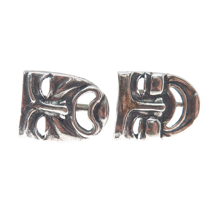 925 Sterling Silver Vintage Comedy & Tragedy Masks Oxidized Screw Back Earrings