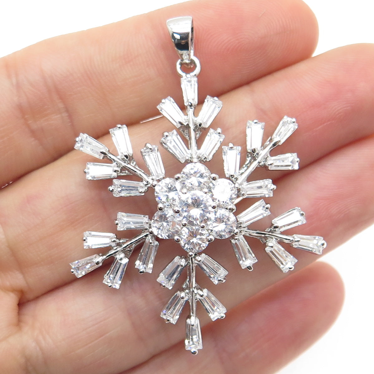 925 Sterling Silver Round & Tapered Baguette-Cut Shaped C Z Snowflake Pendant