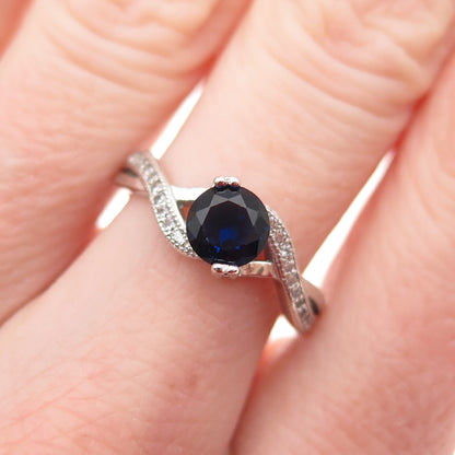 925 Sterling Silver Round-Cut Blue & White C Z Ring Size 7