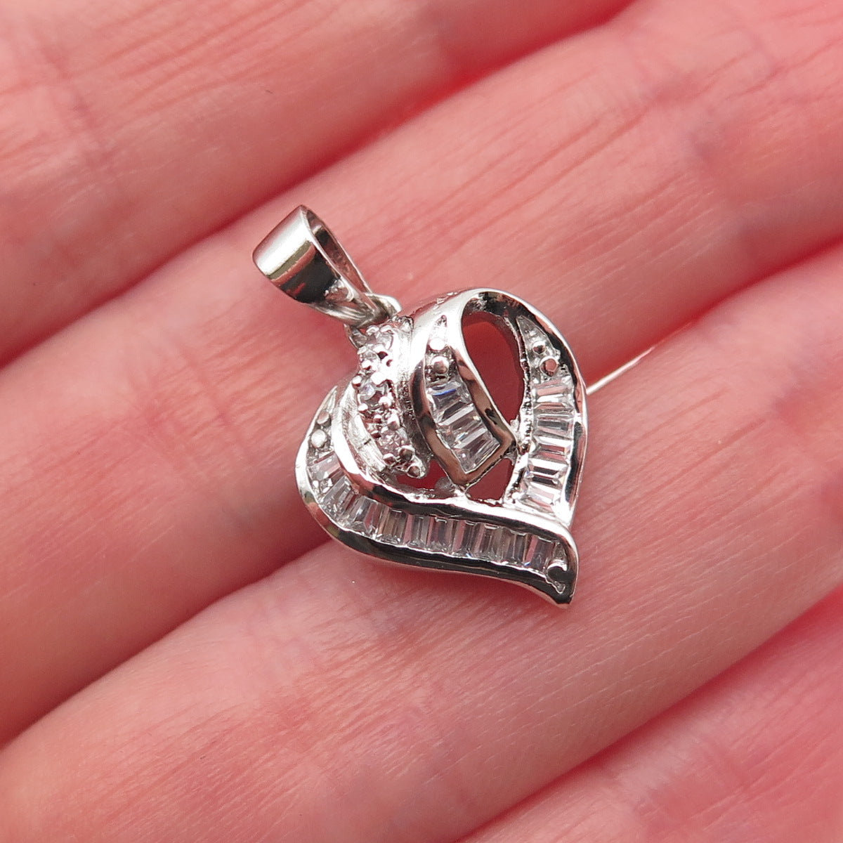 925 Sterling Silver Round & Tapered Baguette-Cut C Z Heart Mini Charm Pendant
