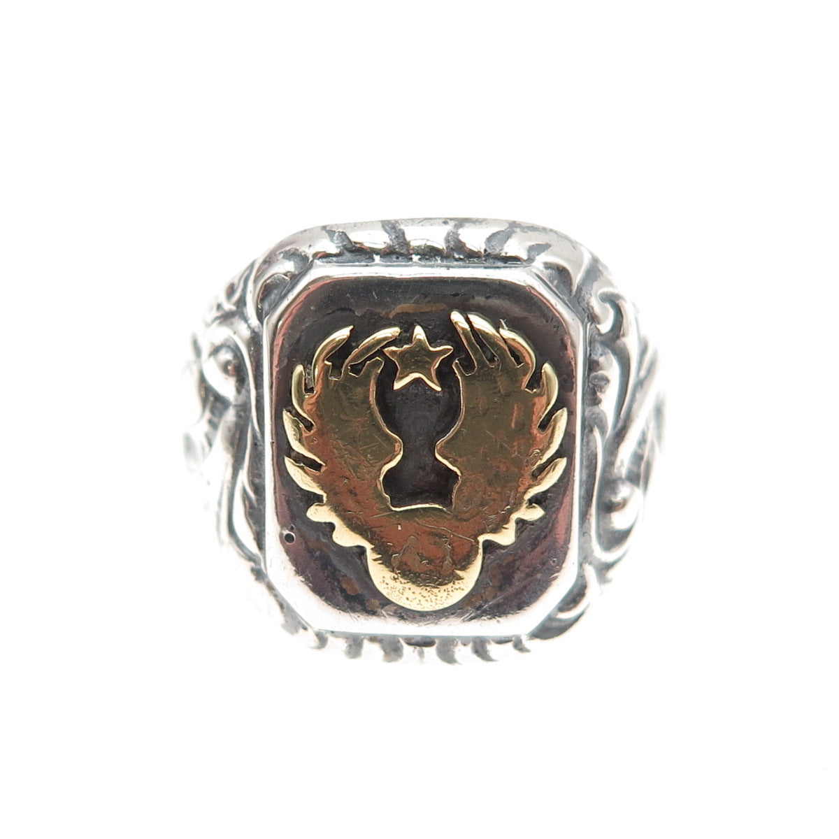 935 Silver Antique WWII Golden Eagle Oxidized Signet Ring Size 8.25