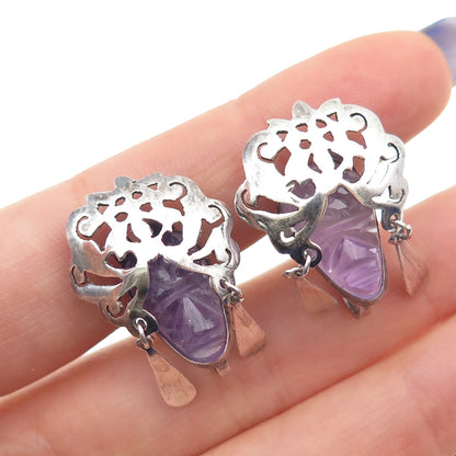 925 Sterling Silver Vintage Mexico Real Amethyst Goddess Screw Back Earrings