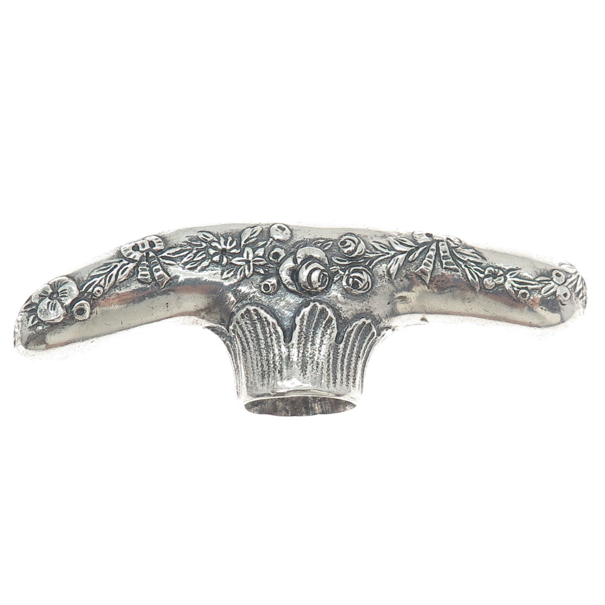 925 Sterling Silver Antique Victorian Repousse Rose Floral Walking Stick Handle