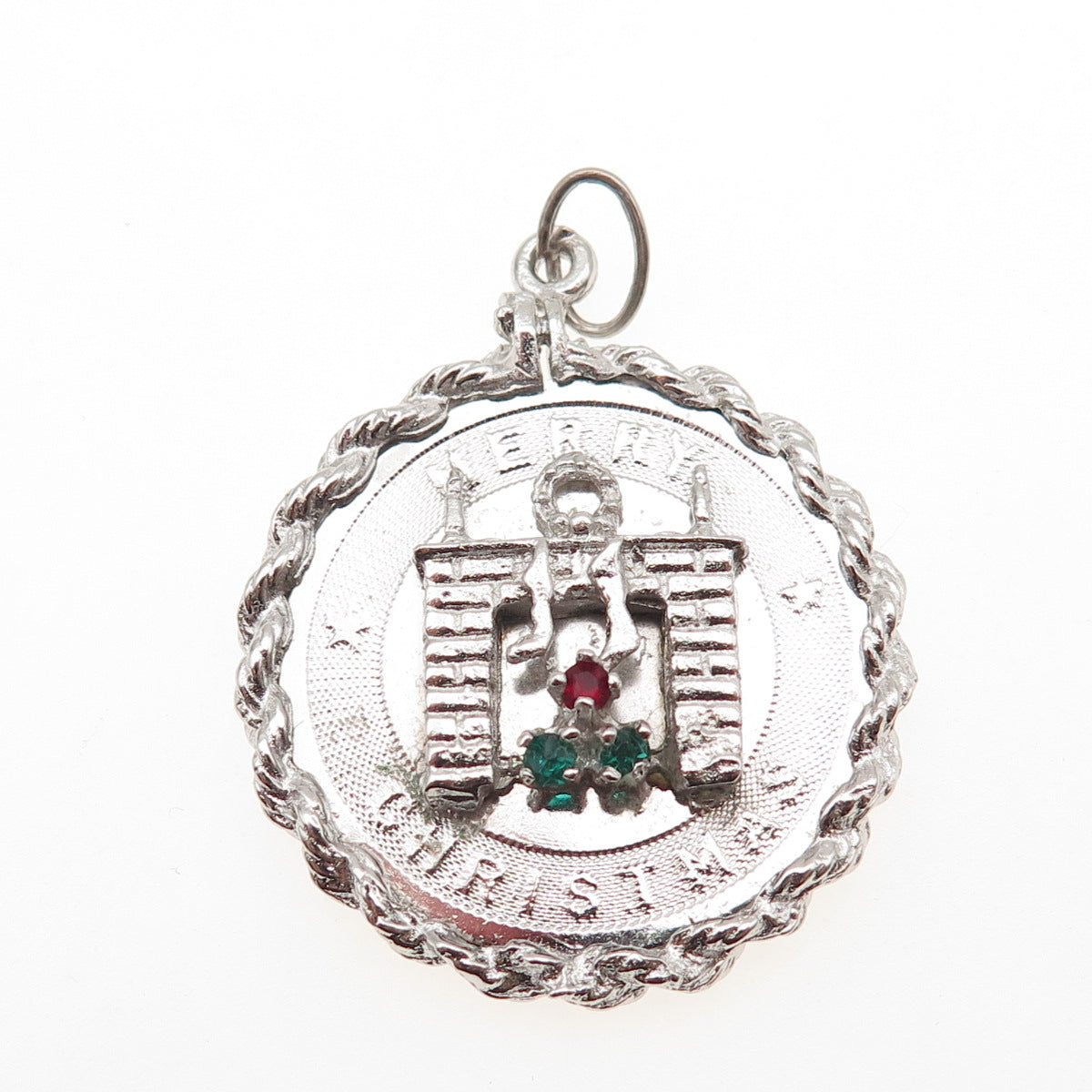 925 Sterling Silver Vintage Rhinestone Merry Christmas Fireplace Charm Pendant