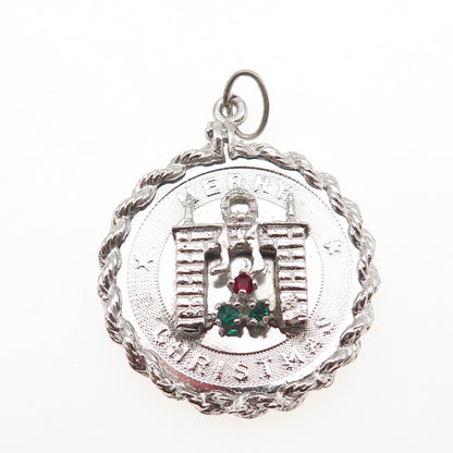 925 Sterling Silver Vintage Rhinestone Merry Christmas Fireplace Charm Pendant