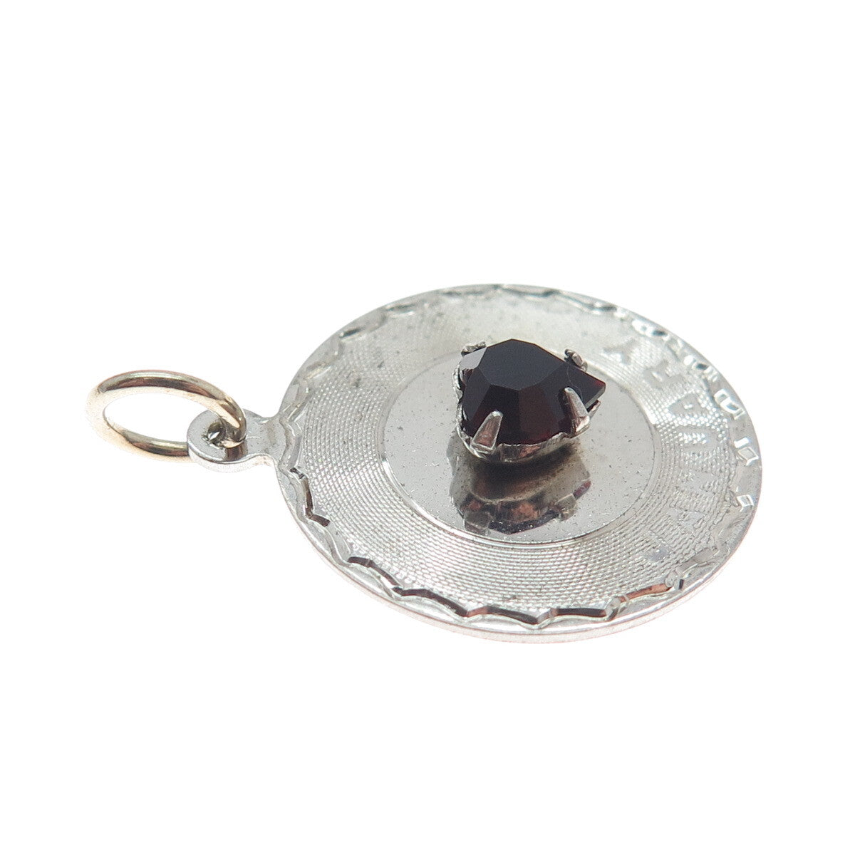 SPENCER CO. 925 Sterling Silver Vintage Red Garnet Gem "January" Round Pendant