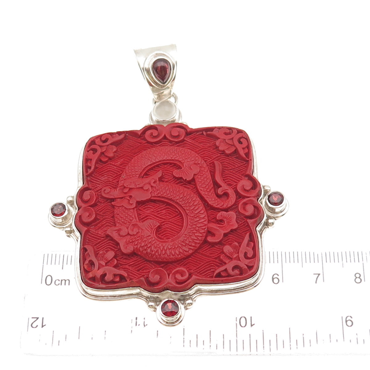 Sajen 925 Sterling Silver Vintage Real Cinnabar Garnet Moonstone Dragon Pendant