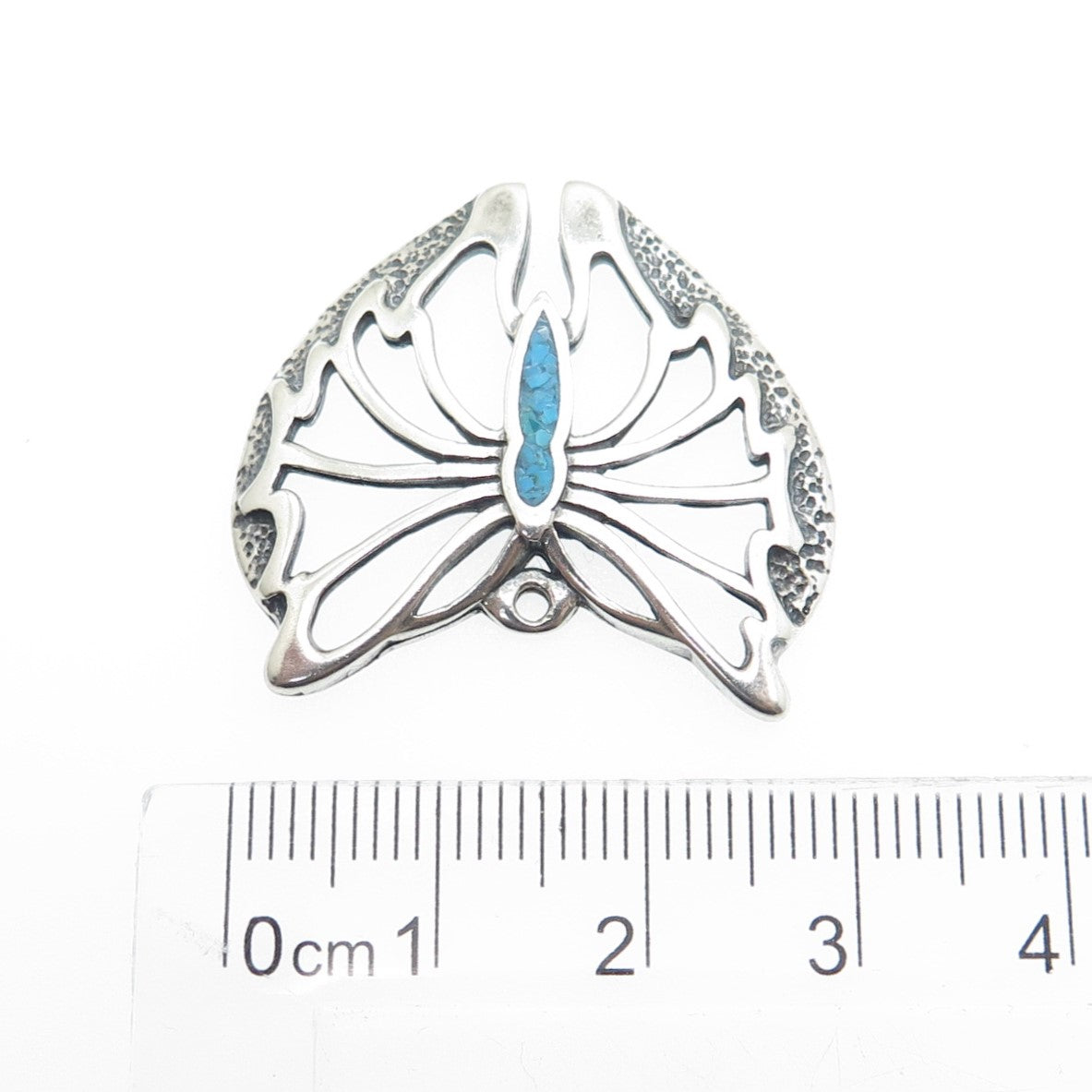 925 Sterling Silver Vintage Real Turquoise Gem Inlay Butterfly Pendant